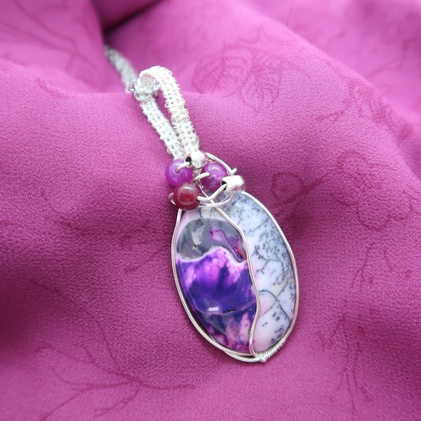 Collier, pendentif d'opale rose dentrite-pierre de gemmes-fait main-perles d'améthyste-cadeau.