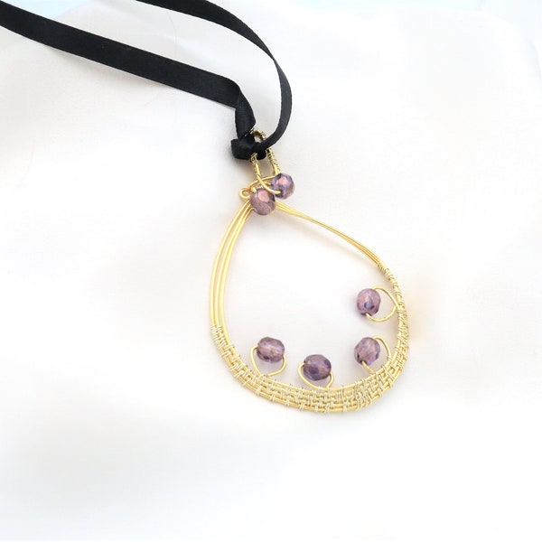 Necklace, unique golden pendant, golden weaved wire, purple beads, hand-made, black ribbon, gift for her, birthday.