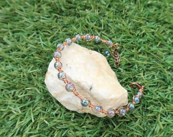 Blue beads bracelet-handmade-weaved coopered wire-gift for her.