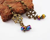 Blue earrings,bronze earrings,blue pearls with reflections,bronze print,hand-made,gift for her.