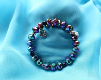 Multicolor glittering beaded bracelet-handmade-silver charms-gift for her.