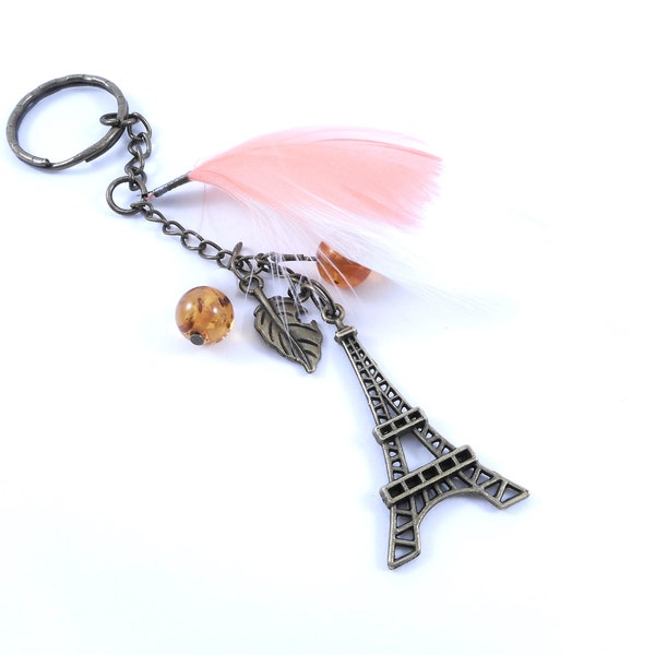 Porte-clefs bronze, porte-clefs orange, Tour Eiffel, feuille, plume orange-blanche, perles orange, cadeau, anniversaire, st Valentin.