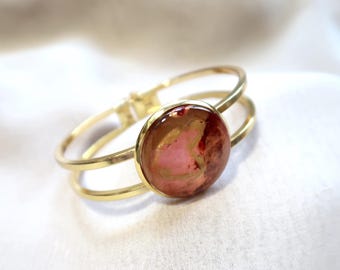 Pink bracelet-golden bracelet-hand-painting glass-woman gift.