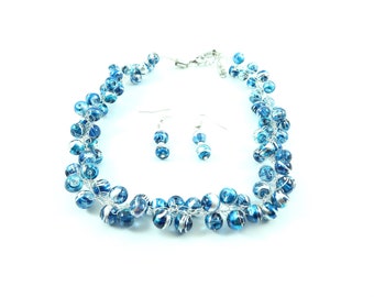 Blue set of blue-silver pearls necklace, earrings, silver wire, crochet, hand-made, gift for her, birthday.