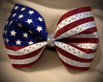 USA Tailless Bow, July 4th Bow, Patriotic Hair Bow, Cheer Bow, Rhinestone Bow, Flag Bow, Squad DISCOUNTS, Cheer Gifts, Independence Day,