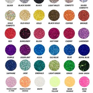 May include: A chart of 25 different colors of glitter, labeled with their names. The glitter is arranged in a grid of five rows and five columns. The colors include silver, black silver, black, light multi, confetti, gold confetti, old gold, gold, black gold, copper, bronze, red, burgundy, blush, hot pink, cherry, lavender, purple, eggplant, aqua, old blue, blue, royal blue, sapphire, jade, emerald, light green, grass, dark green, translucent light pink, translucent orange, white, neon yellow, neon orange, neon pink, neon purple, neon green, and neon blue.