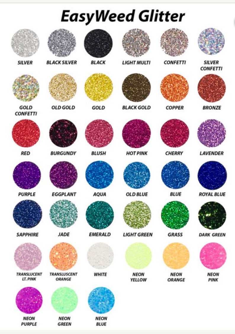 May include: A chart of 25 different colors of glitter, labeled with their names. The glitter is arranged in a grid of five rows and five columns. The colors include silver, black silver, black, light multi, confetti, gold confetti, old gold, gold, black gold, copper, bronze, red, burgundy, blush, hot pink, cherry, lavender, purple, eggplant, aqua, old blue, blue, royal blue, sapphire, jade, emerald, light green, grass, dark green, translucent light pink, translucent orange, white, neon yellow, neon orange, neon pink, neon purple, neon green, and neon blue.