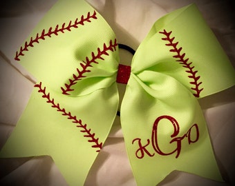 Softball Bow~Cheer Bow Glitter Bow Neon Yellow Softball Gift Cheer Gift  CHOOSE Text Ask me to design something specific for you today!!