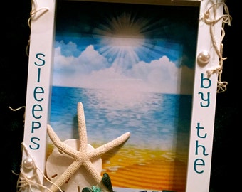 Beach Frame Starfish Sand Dollar Sea Glass & Seashells My Heart Sleeps by the Sea BEACH Decor Nautical 5x7 Shadowbox Frame Beachy Frame