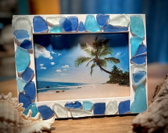 Moldura de foto em mosaico SEAS 5x7 Vidro marinho, ótima ideia de presente, Náutico, Praia, Casa de praia, Casa de praia