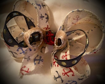 NAUTICAL Stacked Bow with Anchor CHARM Boutique Bow Beach Hair Bow Made to order Nautical Hair Bow Girls Summer