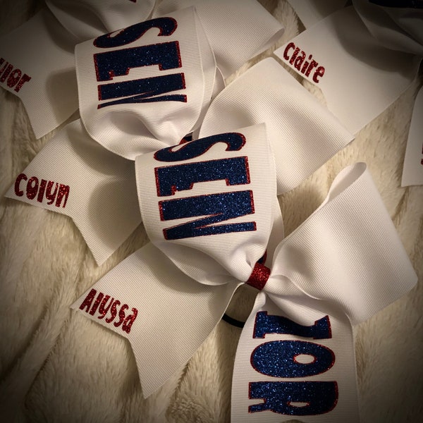 SENIOR Bow AUTOGRAPH Bow, Perfect for Senior Gift! Cheer Bow, Squad Bow, GLITTER Bow, Squad discounts available, Add Name,  Many colors