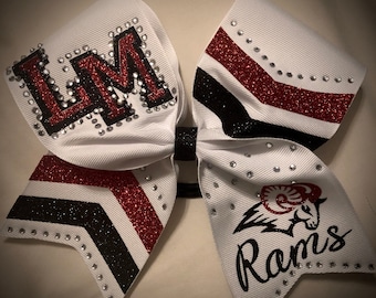 CUSTOM Cheer Bow Rhinestone Bow, Squad Bow, GLITTER Bow, Squad discounts available, Any logo or text,  Many colors available