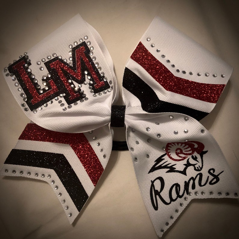 CUSTOM Cheer Bow Rhinestone Bow, Squad Bow, GLITTER Bow, Squad discounts available, Any logo or text, Many colors available image 1
