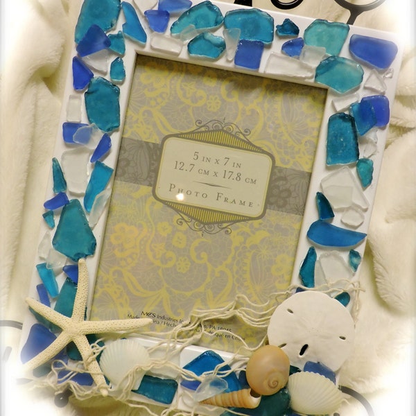 By the SEA  Beachy Photo Frame 5x7 Sand dollars, Starfish, Seashells, Sea glass, Great Gift Idea