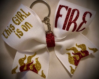 Girl on FIRE Cheer Bow Keychain ANY Text/Color Cheer Gift Mini Bow Keychain Squad Discounts ASK me to design something for you today!!!
