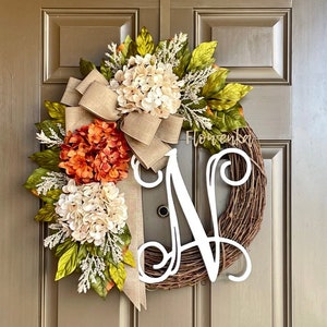 Fall Grapevine Wreath for Front Door - Year Round Hydrangea Wreath - Summer Wreath with Monogram - Initial Wreath - Personalized Gift