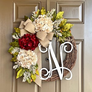 Wreath for Front Door Year Round- All Season Hydrangea Wreath - Wreath with Monogram - Initial Wreath - Personalized Gift