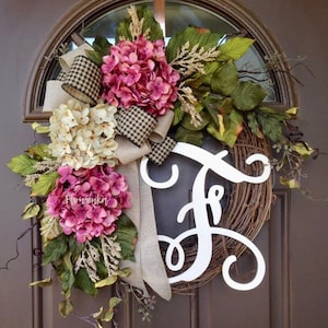 Wreath for Front Door - Personalized Gift for Couple - Year Round  Hydrangea Wreath with Monogram - Initial Grapevine Wreath- Gift for Her