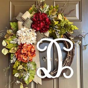 Fall Wreath for Front Door - Spring Summer Hydrangea Wreath with Monogram -All Season Grapevine Wreath Initial -Housewarming Gift