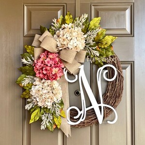 Spring Wreath for Front Door - Year Round Hydrangea Wreath - Summer Wreath with Monogram - Initial Wreath - Personalized Gift