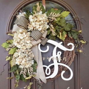 Wreath for Front Door Year Round - Couple Gift - Outdoor Spring Hydrangeas Wreath with Monogram - All Season Grapevine Wreath with Initial