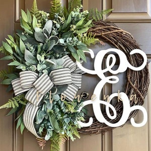 Greenery Wreath for Front Door Year Round - Couple Gift - Eucalyptus Wreath with Letter -All Season Lambs Ear Wreath with Monogram