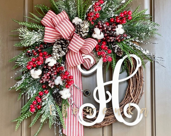 Grapevine Christmas Wreath for Front Door With Monogram Cotton Farmhouse Holiday Wreath With