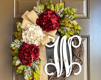 Wreath for Front Door Year Round- Personalized Christmas Gift for Couple - All Season Hydrangea Wreath with Monogram - Initial Wreath- Gift