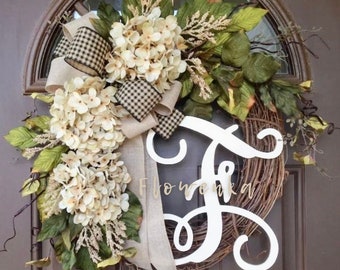 Wreath for Front Door Year Round - Couple Gift - Outdoor Spring Hydrangeas Wreath with Monogram - All Season Grapevine Wreath with Initial