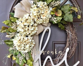 Wreath for Front Door Year Round -Personalized Gift for Couple - Spring Hi Hydrangea Wreath - All Season Wreath for Front Door - Door Wreath
