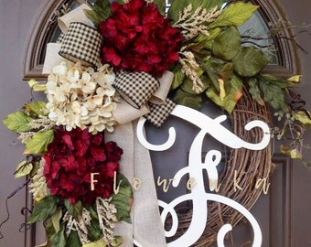 Year Round Wreath for Front Door - Personalized Gift for Couple- Spring Hydrangea Wreath with Monogram - All Season  Wreath with Initial