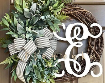 Greenery Wreath for Front Door Year Round - Couple Gift - Eucalyptus Wreath with Letter -All Season Lambs Ear Wreath with Monogram