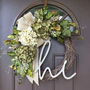 Wreath for Front Door Year Round with Monogram - Personalized Gift Idea for Women  - All Season Hi Hydrangea Wreath