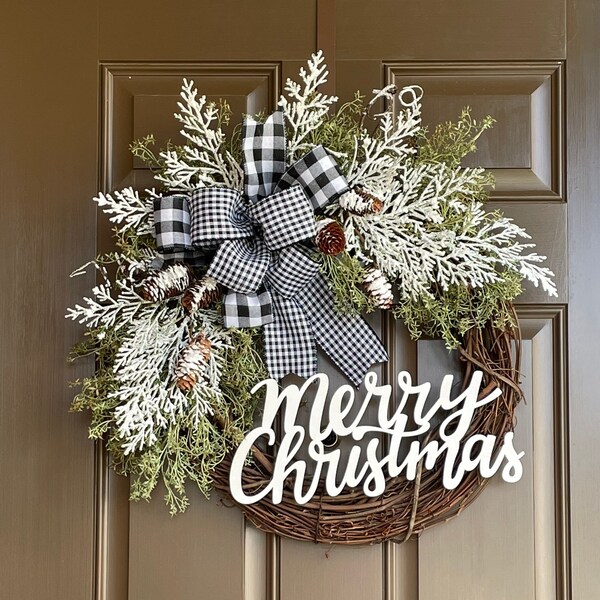 Christmas Wreath for Front Door - Rustic Farmhouse Wreath - Country Holiday Wreath - Winter Wreath - Modern Winter Wreath - Door Decor- Gift