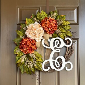 Fall Wreath for Front Door - Everyday Monogram Grapevine Wreath - Year Round Hydrangea Wreath- All Season Decor- Front Door Wreath- Gift