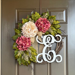 Wreath for Front Door - Everyday Monogram Grapevine Wreath - Year Round Hydrangea Wreath- All Season Decor- Front Door Wreath - Wreath