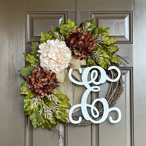 Wreath for Front Door - Everyday Monogram Grapevine Wreath - Year Round Hydrangea Wreath- All Season Decor- Front Door Wreath - Wreath