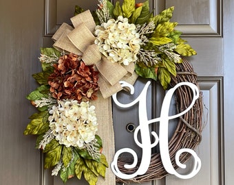 Wreath for Front Door -Summer Wreath - Spring Hydrangea Wreath - Everyday Grapevine Wreath with Burlap Bow and Monogram - Rustic Decor