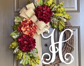 Fall Wreath for Front Door -Summer Wreath - Spring Hydrangea Wreath - Everyday Grapevine Wreath with Burlap Bow and Monogram - Rustic Decor