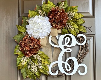 Wreath for Front Door - Everyday Monogram Grapevine Wreath - Year Round Hydrangea Wreath- All Season Decor- Front Door Wreath - Wreath