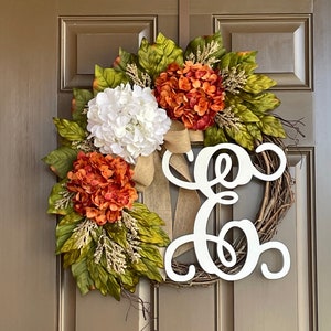 Fall Wreath for Front Door - Everyday Monogram Grapevine Wreath - Year Round Hydrangea Wreath- All Season Decor- Front Door Wreath - Wreath