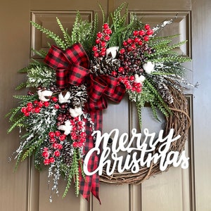 Christmas Wreath for Front Door with Monogram - Cotton Farmhouse Holiday Wreath with Initial -Rustic Red and Black Buffalo Winter Wreath