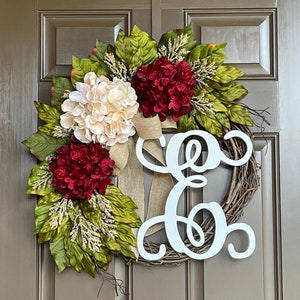 New Home Gift, Ivory Burgundy Monogram Wreath, Front Door Wreaths, Farmhouse Front Porch Spring Decor, Year Round Hydrangea Initial Wreath,