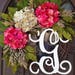 Spring Summer Outdoor Wreath with Initial - Pink Hydrangea Wreath with Burlap- Door Grapevine Wreath with Initial - Personalized Door Wreath