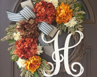 Fall Wreath for Front Door with Monogram - Autumn Hydrangea Wreath with Initial- Thanksgiving Monogrammed Wreath for Front Door - Fall Decor