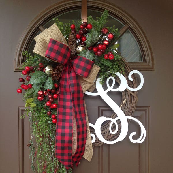 Christmas Wreath for Front Door - Monogram Wreath - Holiday Wreath - Front Door Wreath with Initial - Monogram Wreath for Front Door -Gift