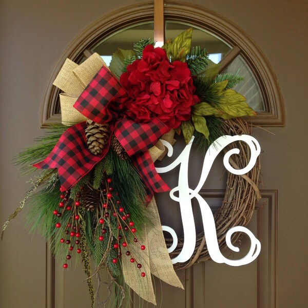 Christmas Hydrangea Wreath for Front Door with Monogram- Front Door Holiday Wreath with Initial - Rustic Winter Grapevine