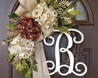 Wreath for Front Door Year Round- Personalized Gift for Couple- All Season Hydrangea Wreath -Wreath with Monogram -Initial Wreath