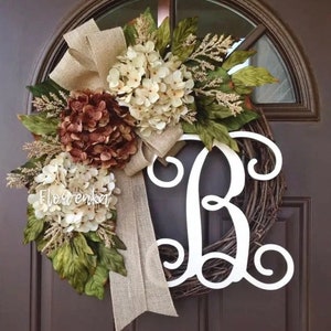 Wreath for Front Door Year Round- Personalized Gift for Couple- All Season Hydrangea Wreath -Wreath with Monogram -Initial Wreath